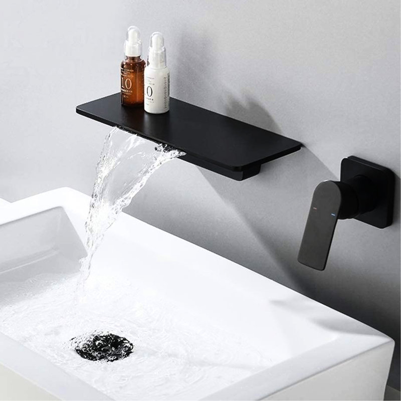 Matte Black Waterfall Bathroom Sink Faucet - Brass, Single For Effortless Water Temperature & Flow Regulation, Tidy Installation Design In Smooth Adjustment, Space Saving