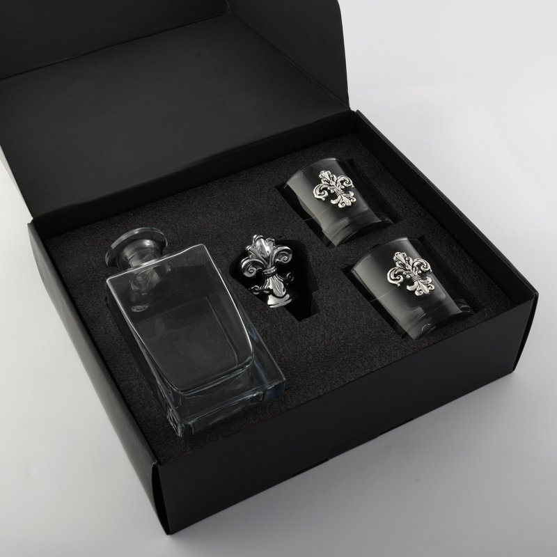 Fleur-de-lis Glass Decanter Set with Metal Accents