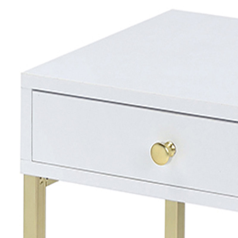 Table de bout contemporaine 1 en blanc et laiton, rectangulaire pour la salle à manger, tiroir coulissant lisse en laiton avec 1 tiroir, rangement en forme d'invité