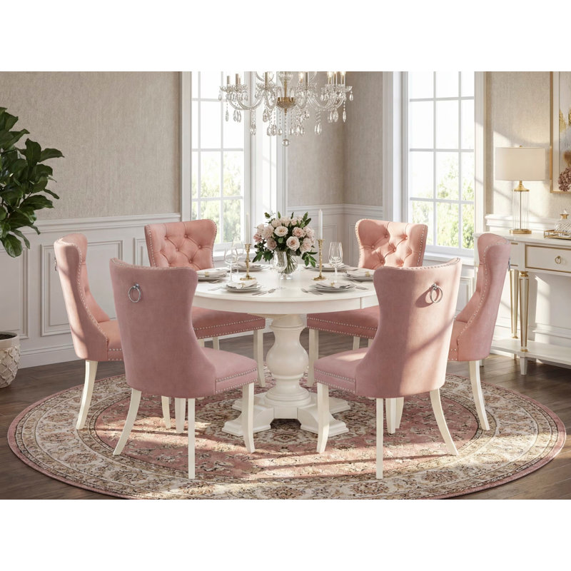 Ensemble de cuisine 7 pièces de style Mid-Century 6 chaises rembourrées de couleur rouge beige avec tissu en polyester et table ronde / ovale - Finition lin blanc.