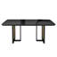 Table de salle à manger rectangulaire contemporaine avec plateau en verre trempé noir et structure en métal noir avec accents décoratifs dorés, table de salle à manger de luxe pouvant accueillir six personnes dans la salle à manger
