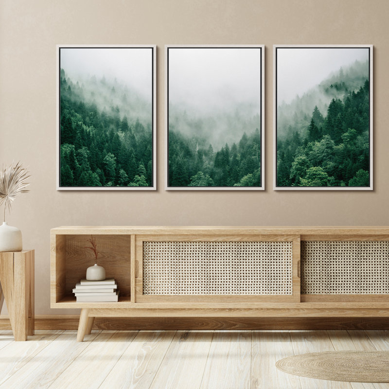 «Fog and Mist Mountain Forest Valley Nature Wilderness», reproduction sur toile 3 pièces, H 36 po x l 24 po x P 1,5 po