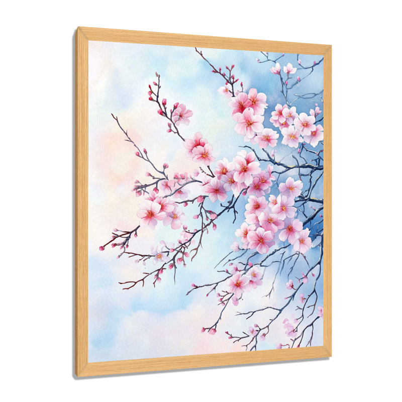 Branches délicates de cerisier en fleurs roses et bleues - Tableau encadré, H 20 po x l 12 po, Cadre naturel