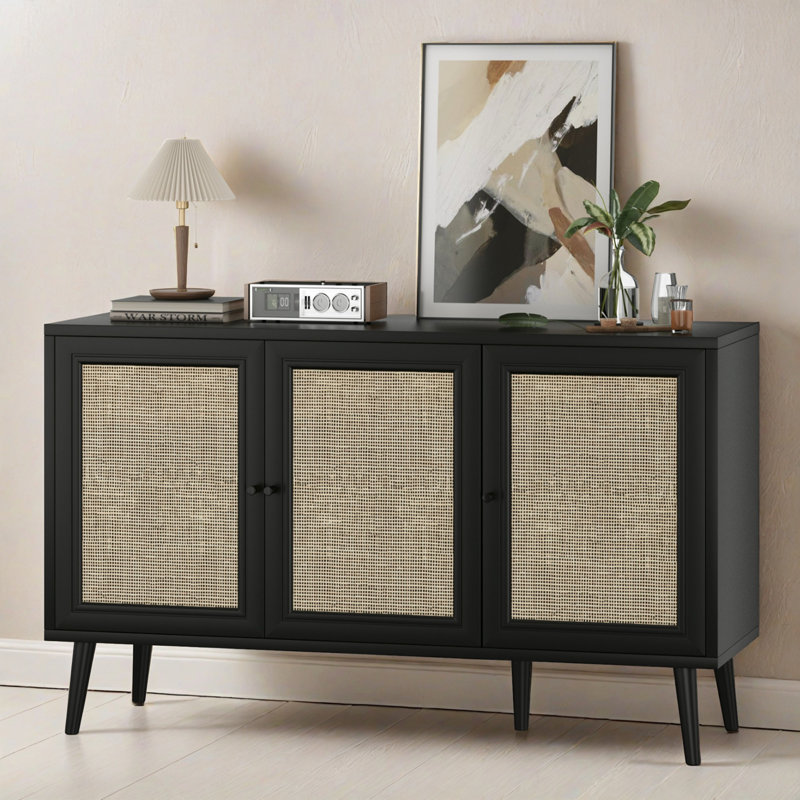 3-Door storage Sideboard with Rattan  Doors, Black, 27.6" H x 47.2" W x 15.5" D
