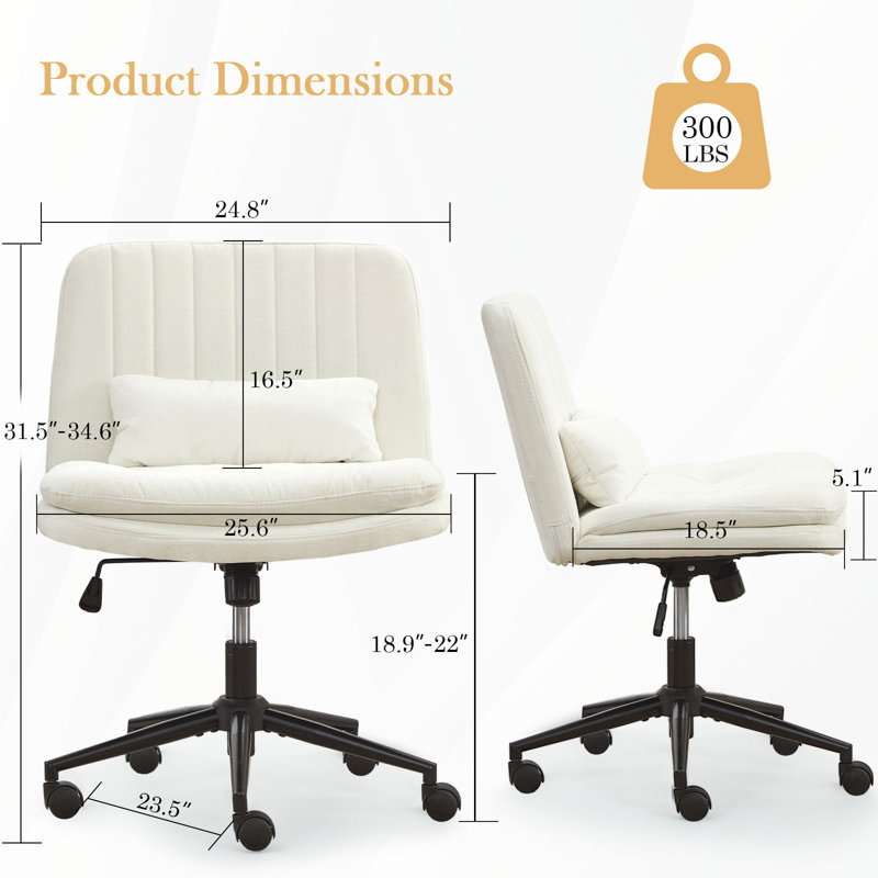 Criss Cross Legged Chair With Wheels, Comfy Rolling Office Desk Armless Chair With Pillows, Wide Swivel Vanity Chairs Computer Task Chair For Makeup, Bedroom