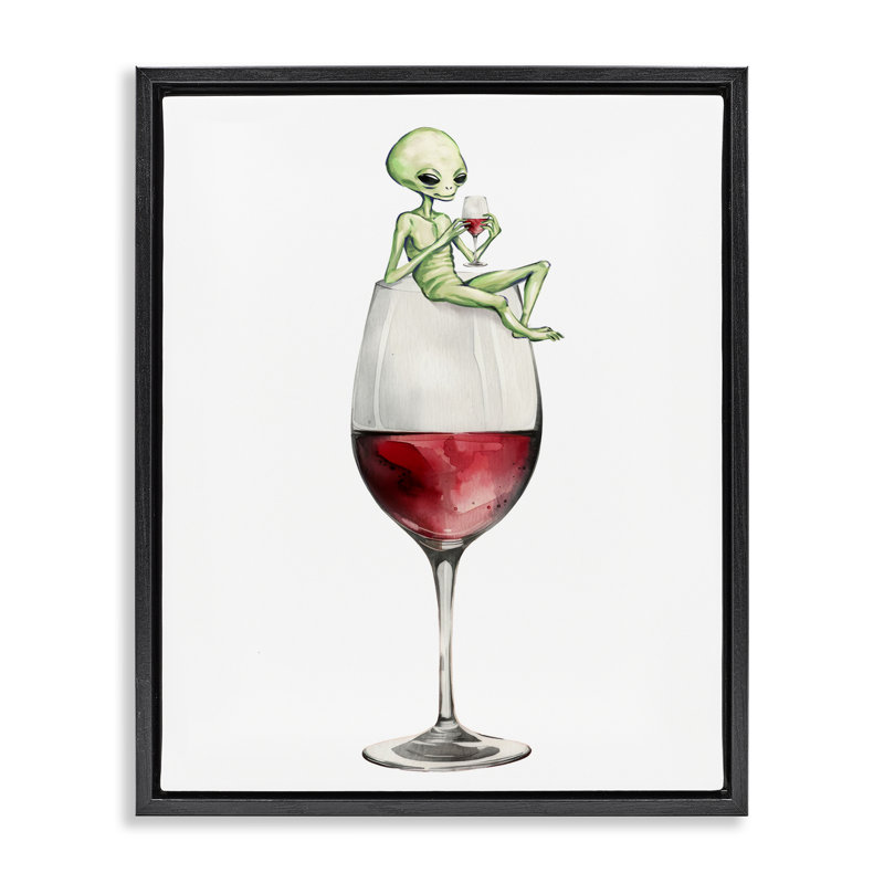 Alien perché sur un cadre flottant en verre de vin, design par Lil 'Rue, H 31 po x l 25 po, Cadre flottant noir de jais