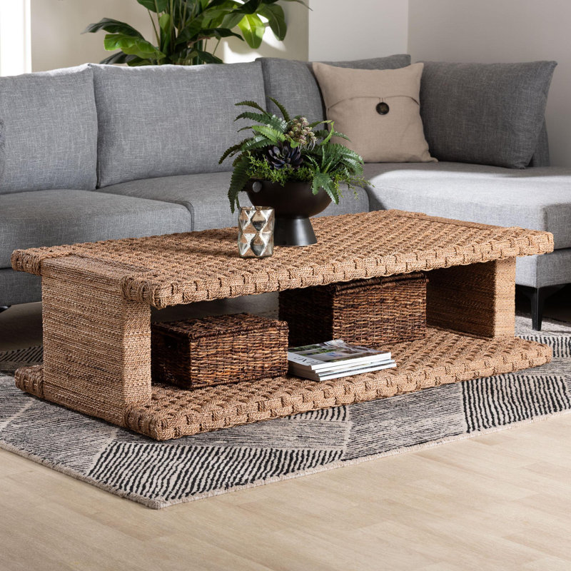 Bali & Pari Rhinos Handwoven Seagrass Coffee Table With Open Shelf – Rectangular Wicker Center Table For Living Room, Coastal Boho Style