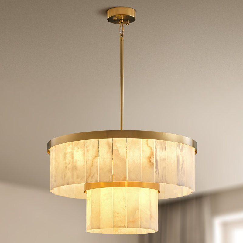 23.6" Dual-Layer Round Drum Kitchen Island Alabaster Chandelier, 2, Gold, 9