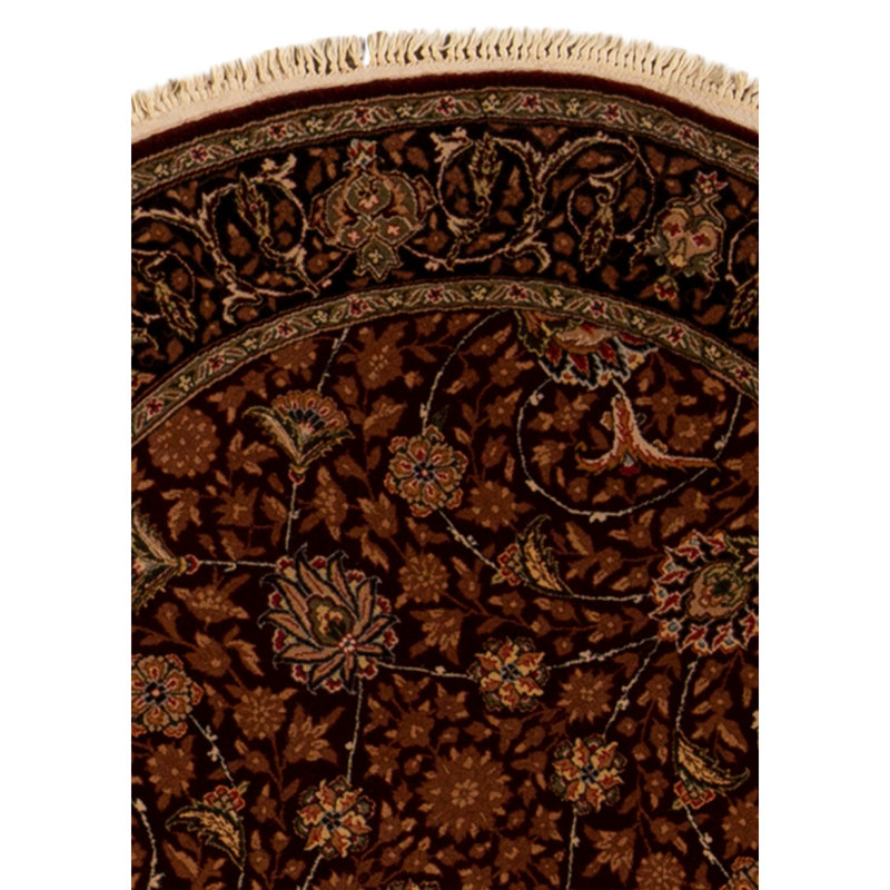 Tapis rond vin / brun / beige noué à la main de haute qualité