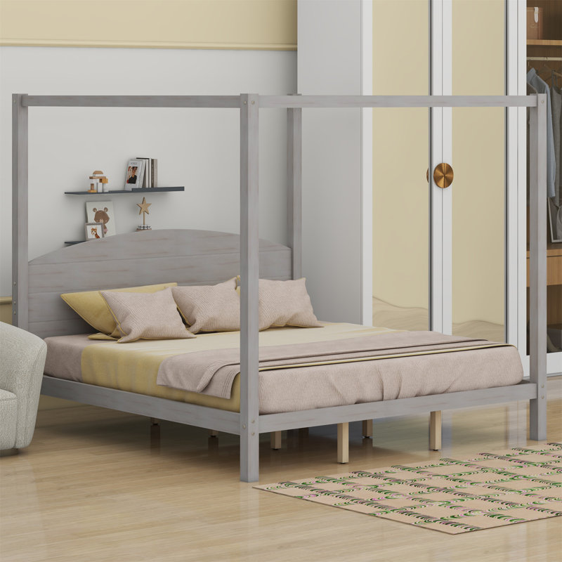 Canopy Platform Bed With Headboard, Gray Wash