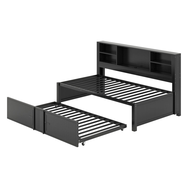 Lit de jour simple avec lit gigogne simple, lit de jour en métal avec tablettes de rangement et ports USB, Noir