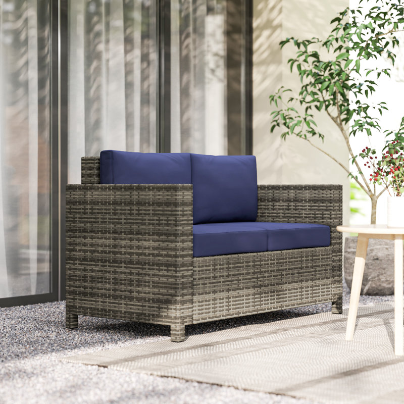 130cm Wide Rectangle Wicker Loveseat with Cushions, Navy Blue