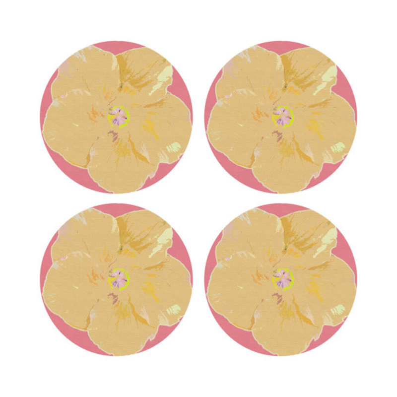 Hibiscus Orchid Vegan Leather Round Coasters, Pink