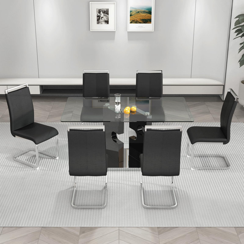 Ensemble de table de salle à manger 63 ", ensemble de table de salle à manger en verre avec pieds à structure ouverte et chaises en similicuir