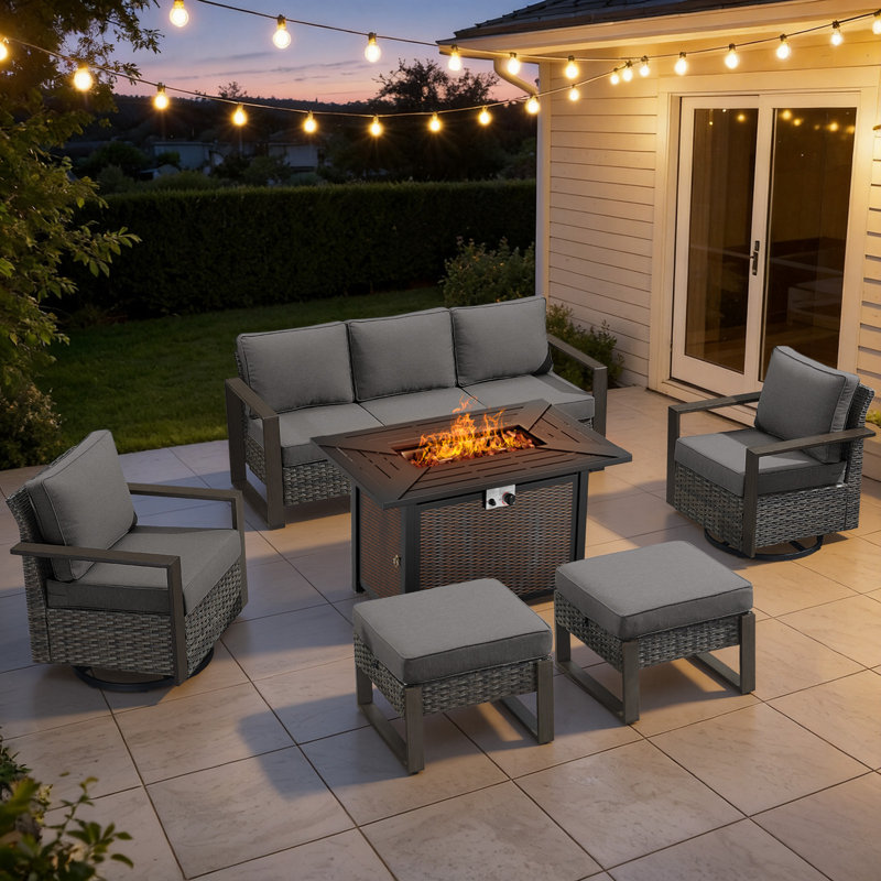 Drazen 7 - Person Patio Furniture Set With Fire Pit Table, All-Weather Wicker Outdoor Conversation Set With Chair And Thick Cushions
