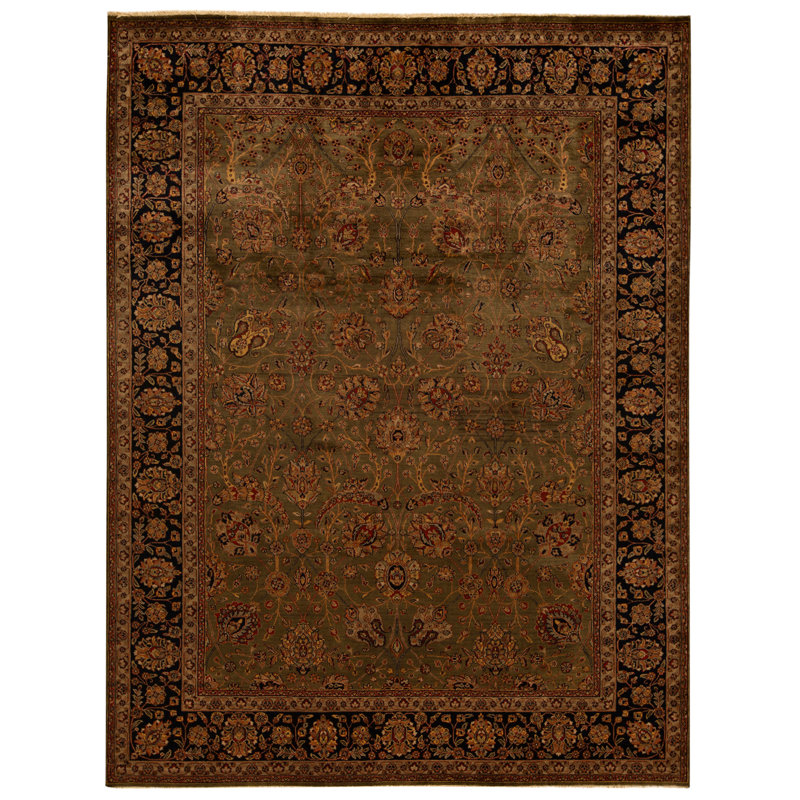 Tapis vert et bleu marine noué à la main de haute qualité