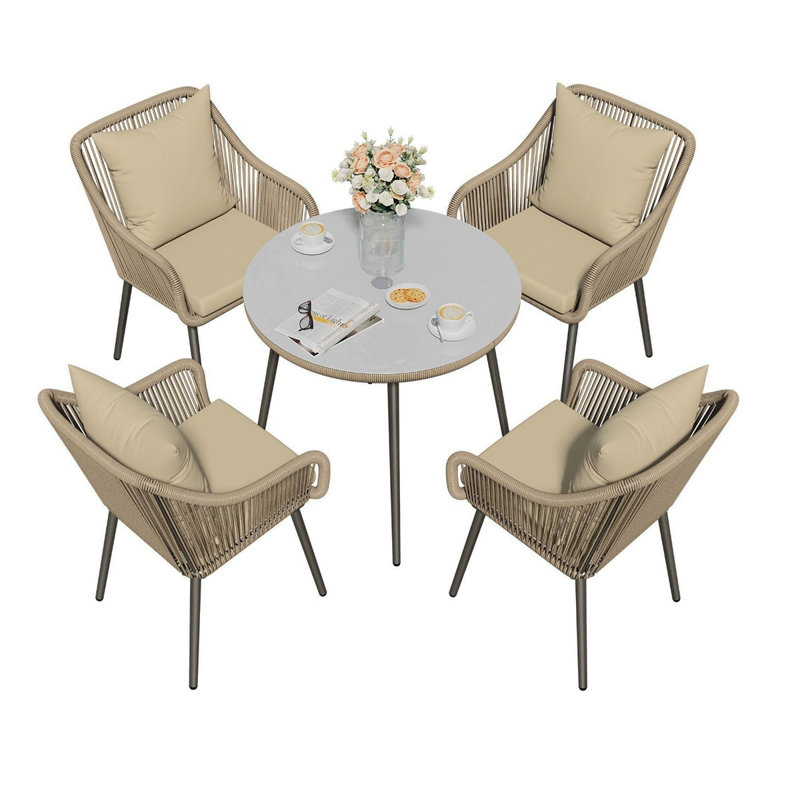 5-Piece All Weather Twisted Rattan Wicker Patio Dining Table Set  With Umbrella Hole And Beige Cushions