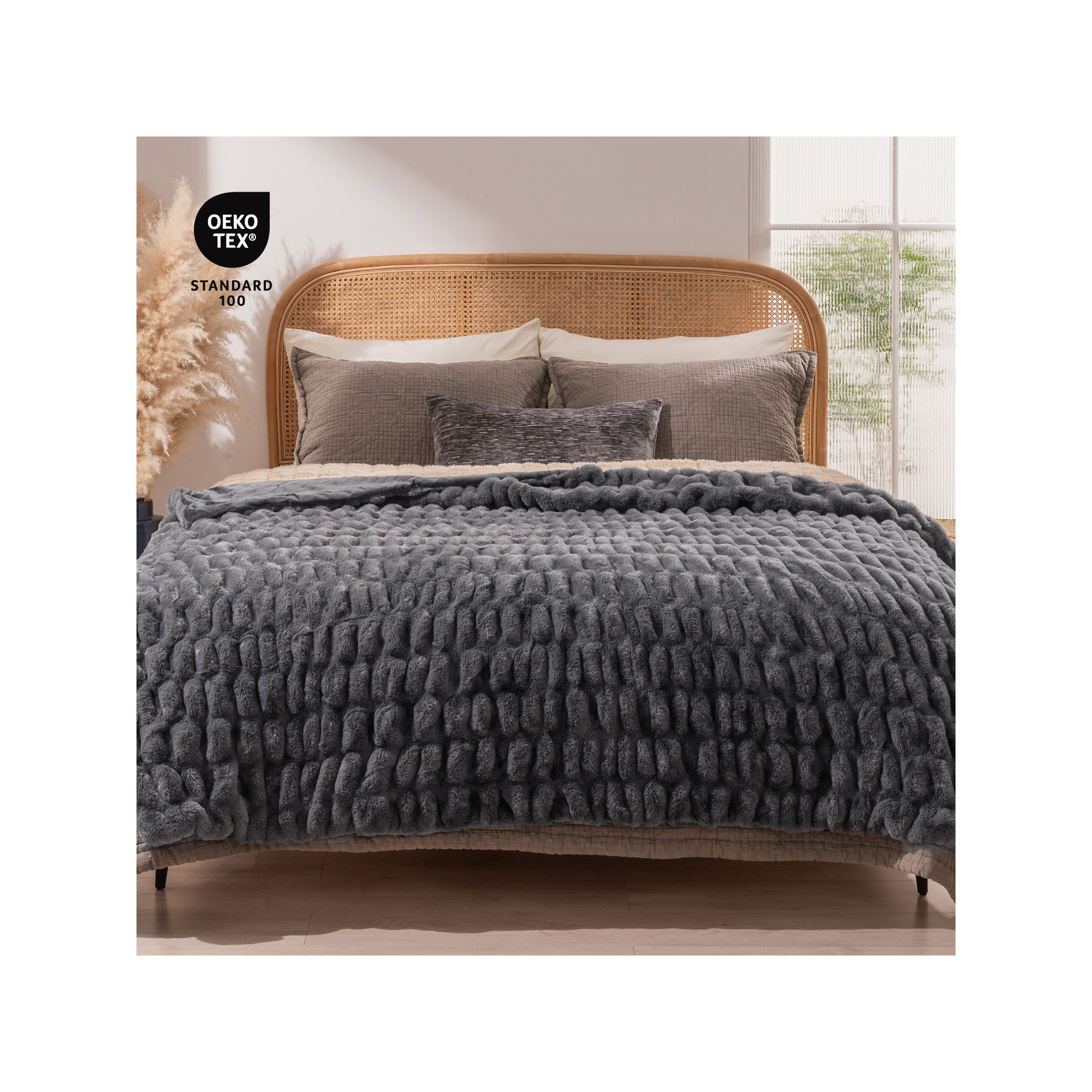 Ruched Bubble Faux Fur Throw Blanket, 60" W x 80" L, Charcoal Gray