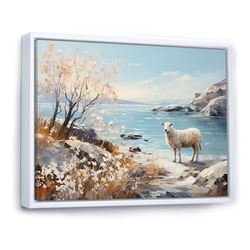 Minimalism Sheep On The Beach - Sheep Canvas Wall Art, 12" H x 20" W x 1" D, Cadre flottant blanc