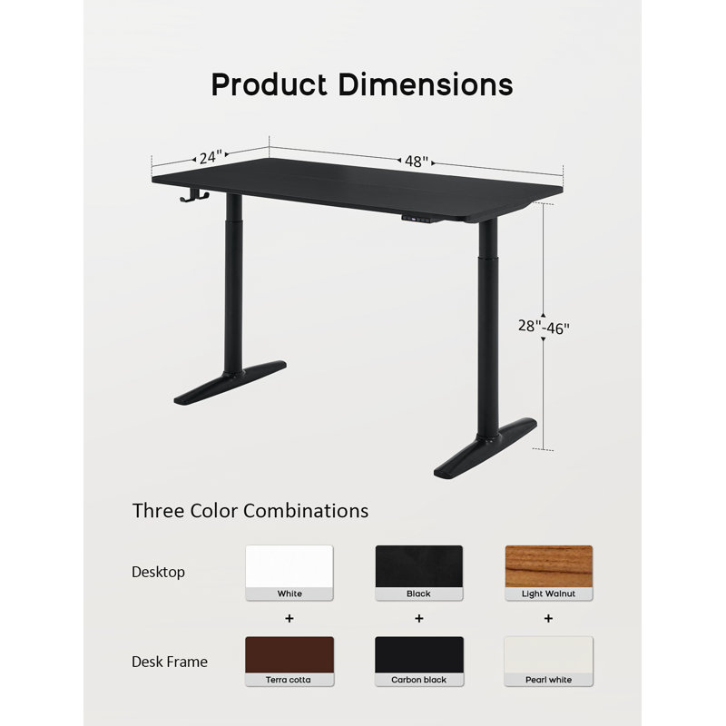Electric Height Adjustable Standing Desk with Round Tube Column, 46" H x 48" W x 24" D, Black/Black
