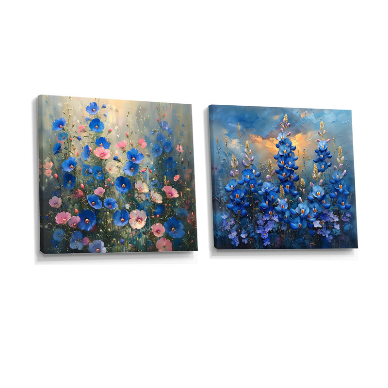 «Blue Pink Morning Magic Blue Bonnets I - Blue Bonnets Wall Art», ensemble d'art mural traditionnel 2 pièces, Toile tendue