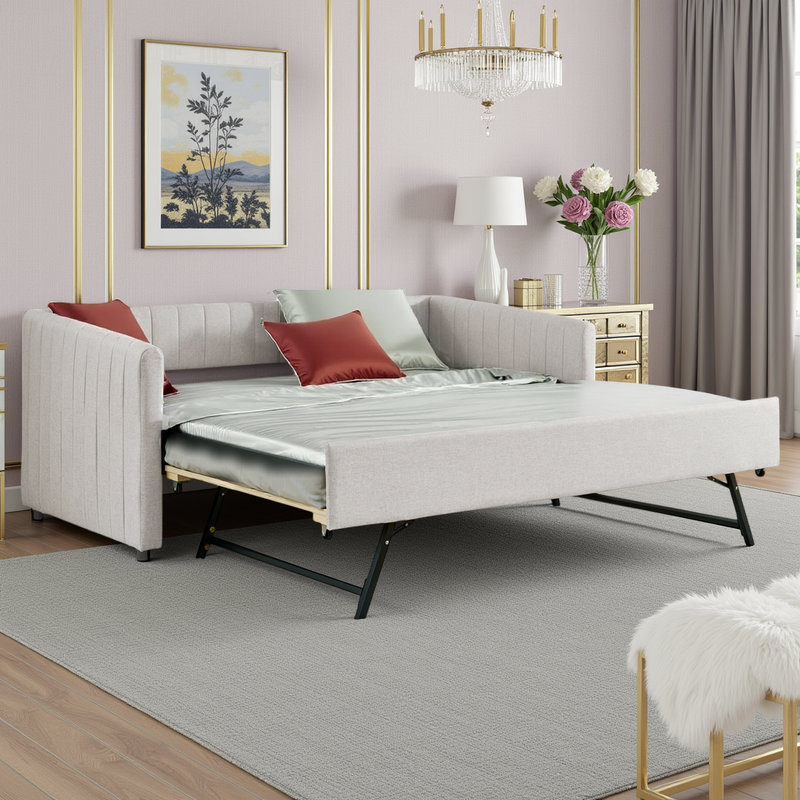 FAlano Twin Upholstered Daybed with Trundle, Vertical Channel Tufting, Linen Fabric Sofa Bed, Beige
