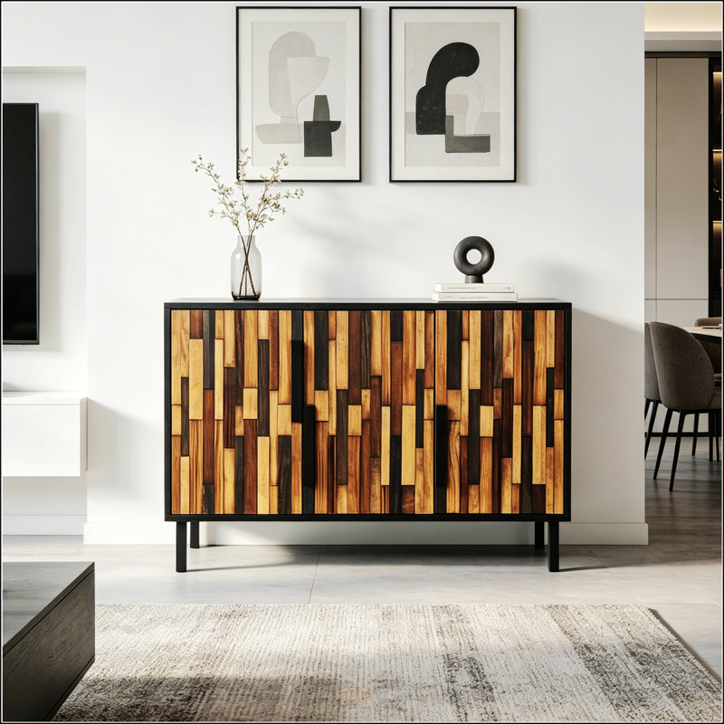 Buffet d'appoint moderne avec motif en bois droit, idéal pour le rangement élégant et la présentation dans les intérieurs contemporains.