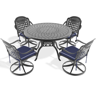 5 salles à manger en aluminium pour l'extérieur, 4 chaises pivotantes, table ronde de 47,24 po, structure noire, dossiers et coussins de siège toutes saisons avec table en aluminium, sièges anticorrosion