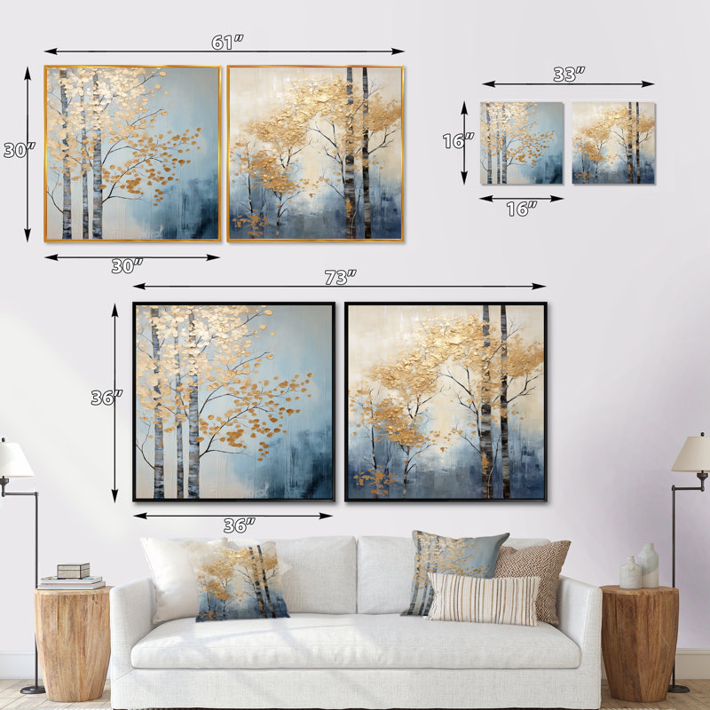 Minimalisme, arbres dorés et bleus scène V - ensemble de 2 arbres carrés, H 30 po x l 61 po, Toile tendue