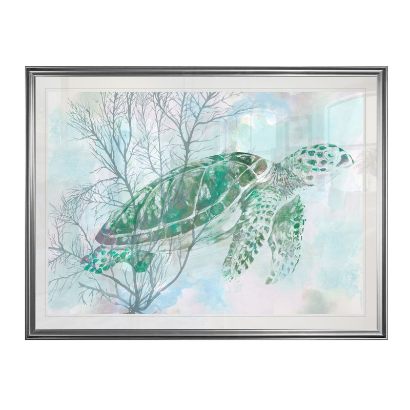 «Sea Turtle I», reproduction de peinture à l'aquarelle, H 22 po x l 30 po x P 1,5 po, Cadre argenté