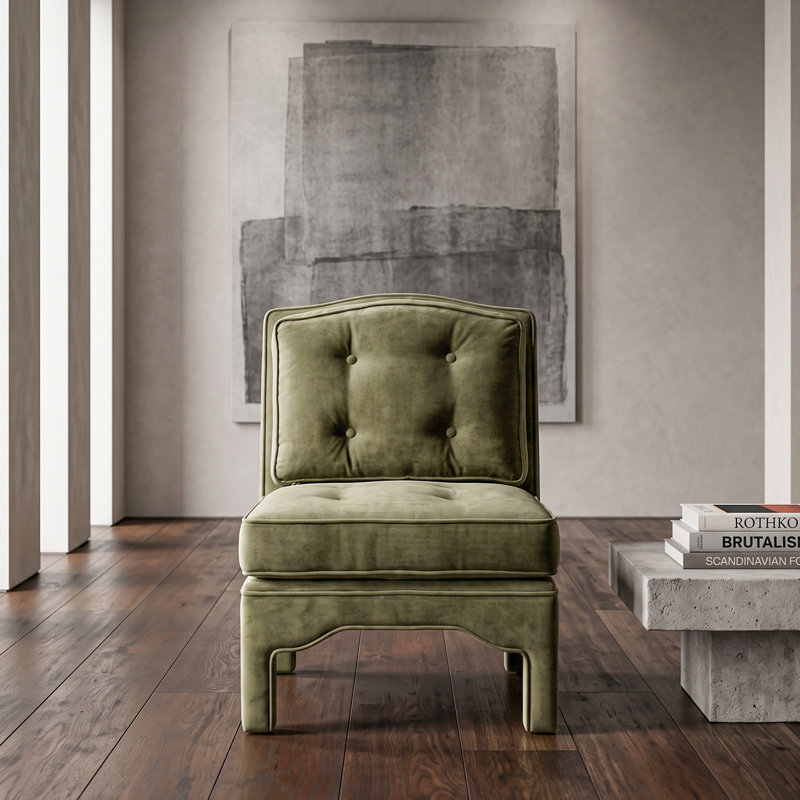 Fauteuil de chambre à accoudoirs capitonné Julien, Vert olive