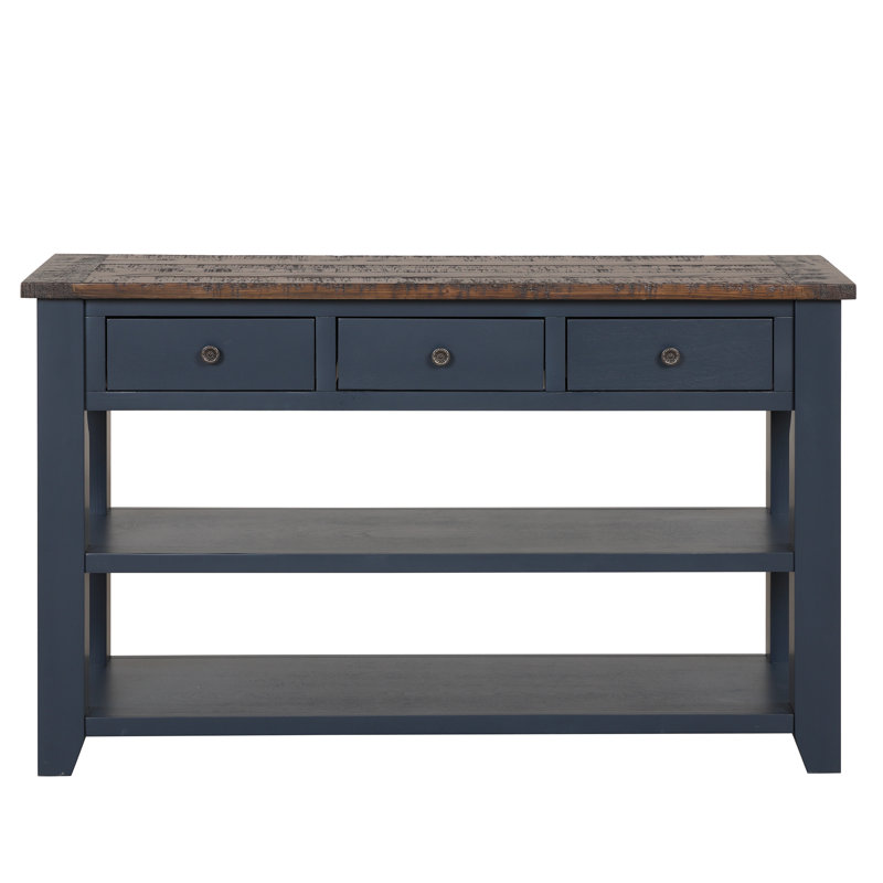 Console en bois de pin massif 48 po, table d'appoint moderne avec 3 tiroirs de rangement et 2 tablettes. Facile à assembler (bleu marine + plateau brun)