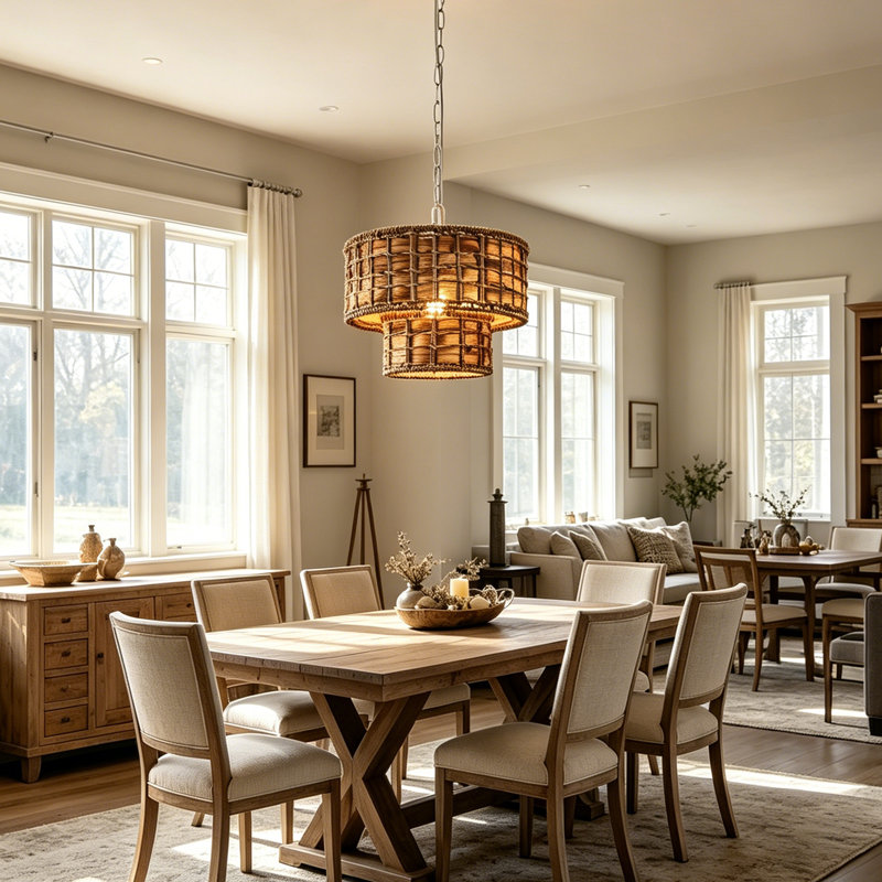  1- Light 12 inch 2-Tier Dimmable Drum Chandelier Natural Rattan Bohemian Kitchen Lighting with E26 Socket, Distressed White