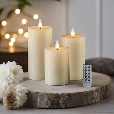CozierGlow Battery Operated Real Wax Flameless Pillar Candle, 3D Moving Flame, Remote & Timer, Up to 400H Runtime, Ivory 3''×4''/5''/6'', Set of 3