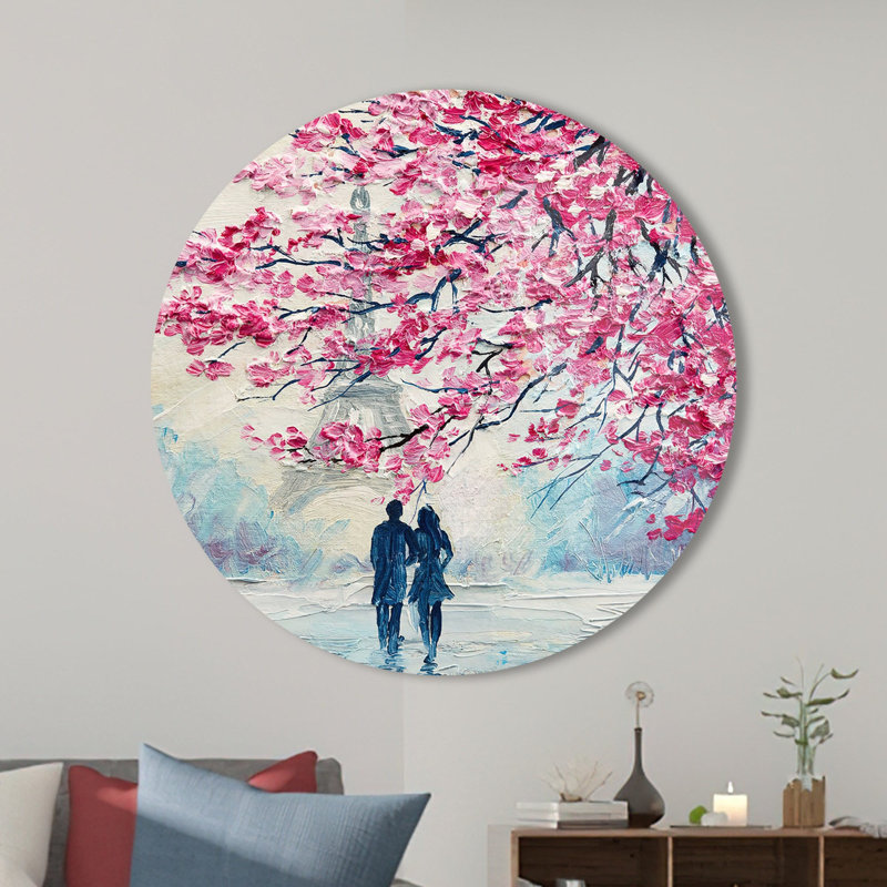 Couple romantique et feuilles roses, art mural en verre parfait pour la Saint-Valentin, décoration sur le thème de la tour Eiffel dans une teinte rose élégante
