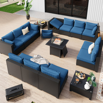  𝗣𝗿𝗲-𝗔𝘀𝘀𝗲𝗺𝗯𝗹𝗲𝗱 𝗖𝗵𝗮𝗶𝗿𝘀, 12-Person Patio Furniture Set Rattan Outdoor Sectional Conversation Sofa Seating Group With Propane Fire Pit Table