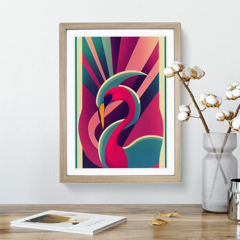 Modern Flamingo Abstract - Framed Print, 46cm H x 34cm W x 2cm D, Oak