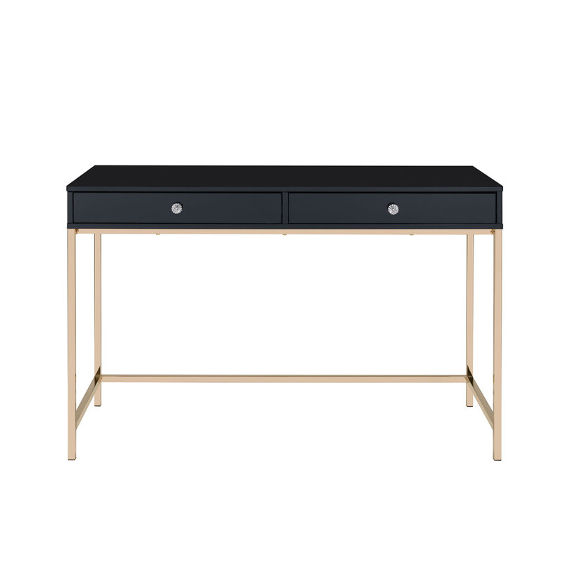 Bureau d'écriture rectangulaire avec 2 tiroirs, noir brillant et doré