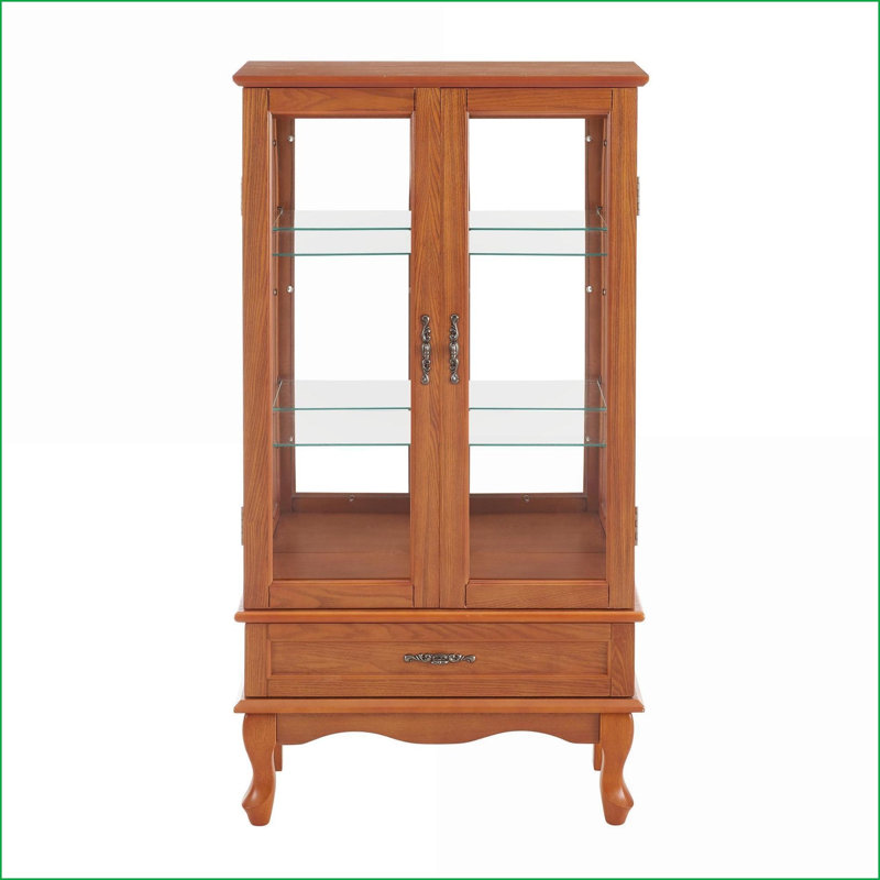 Cabinets, Traditional Walnut Brown Display Cabinet with LED Lights, Adjustable Shelves, Storage Drawer | MDF+Glass | Living Room