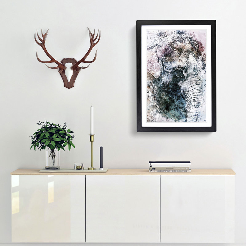 Graceful Elephant Portrait in Abstract - Picture Frame Painting Print, 87cm H x 62cm W x 2cm D, Black Framed