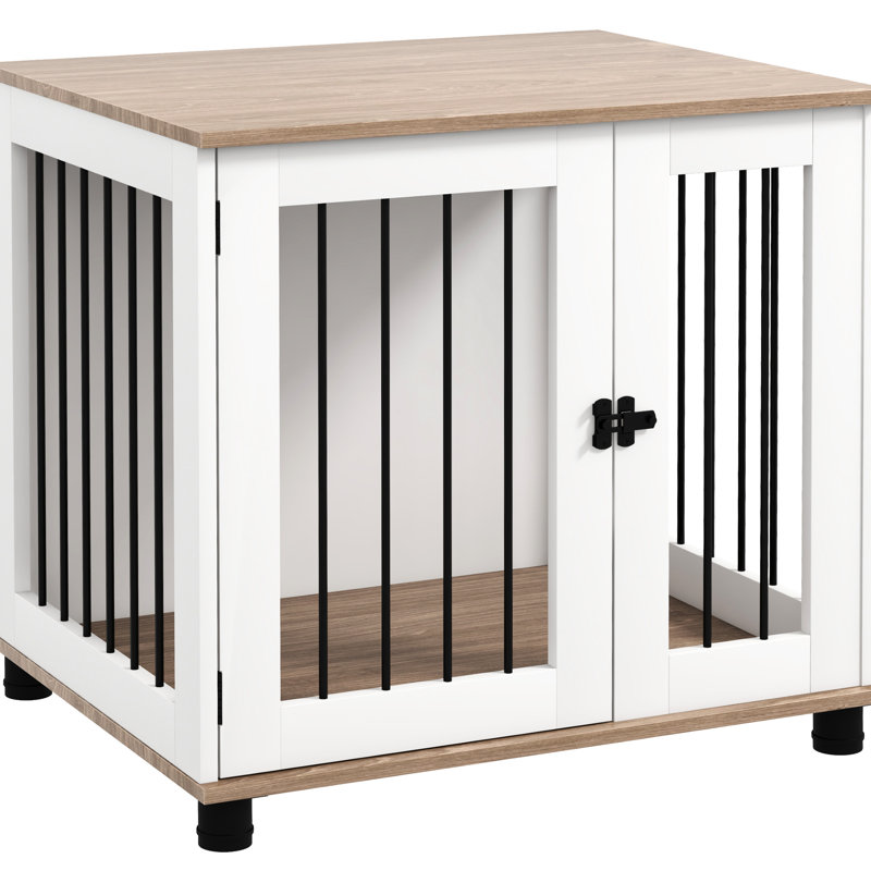Cage pour chien servant de table d'appoint, niche intérieure marron noyer pour chiens de petite et moyenne taille, porte verrouillable pour la sécurité des animaux de compagnie.