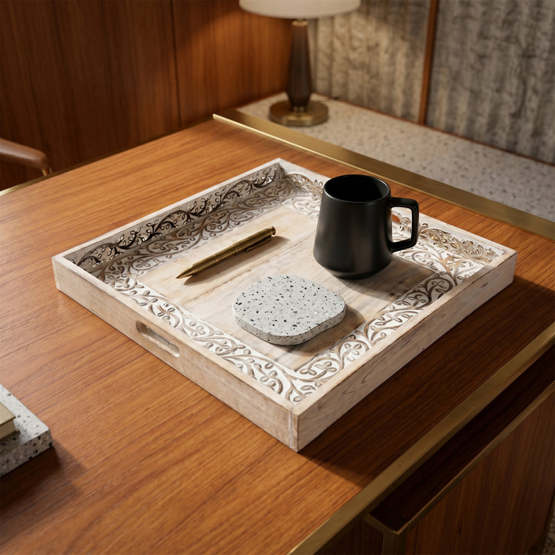 Plateau carré, intérieur sculpté à la main, assiette de service en bois de manguier, poignées ajourées sur les côtés, blanc rétro vieilli, style maison de campagne moderne