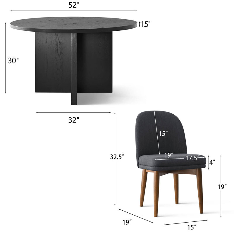 5-Piece Dining Set for 4 with 52" Round Black Dining Table and 4 Upholstered Dining Chairs, Charcoal