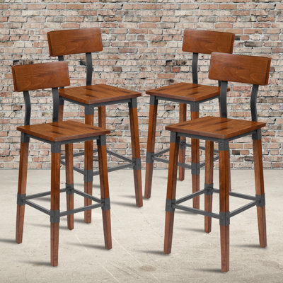 Ensemble de 4 tabourets de bar en bois de style industriel et industriel de qualité commerciale Lazro