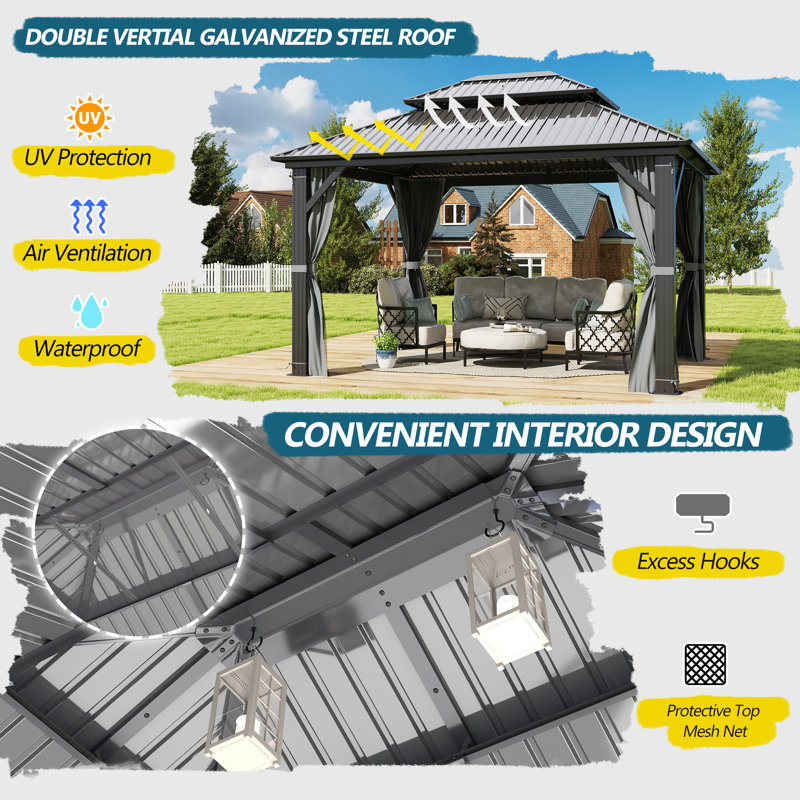 10FT ×12FT Outdoor Aluminum Patio Gazebo, Galvanized Steel Hardtop Gazebo with Privacy Curtain and Mosquito Netting