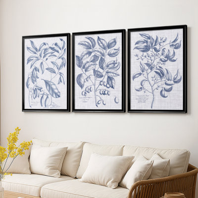 Marine et lin botanique I - Toile tendue avec châssis sur mesure - 3 pièces