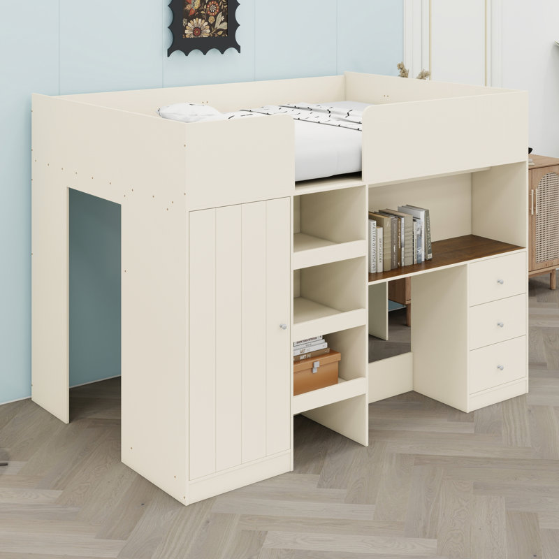 Structure de lit en bois avec garde-robe intégrée, bureau, tablettes de rangement et tiroirs, Beige