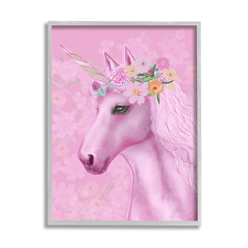 Motif floral licorne rose, adorable créature mythique, art numérique sur estampe numérique par Junco. Studio