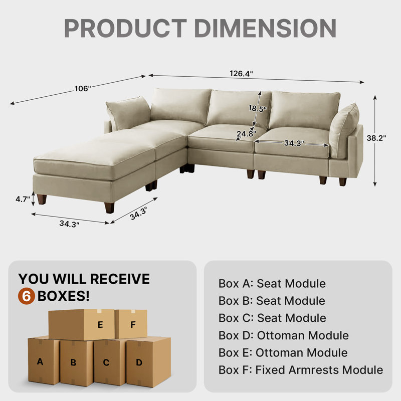 Canapé modulaire rembourré 3 pièces avec 2 repose-pieds, Similicuir beige, H 38,1 po x l 126,3 po x P 37,4 po