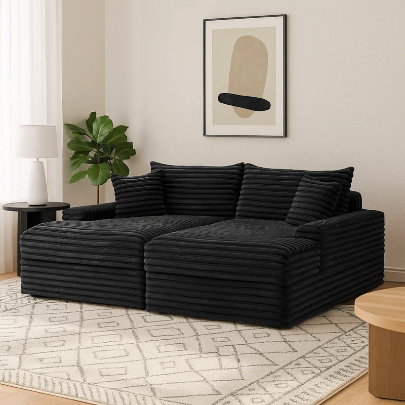 Canapé double Teya, 2 coussins, revêtement en chenille noire, 94 po, Noir